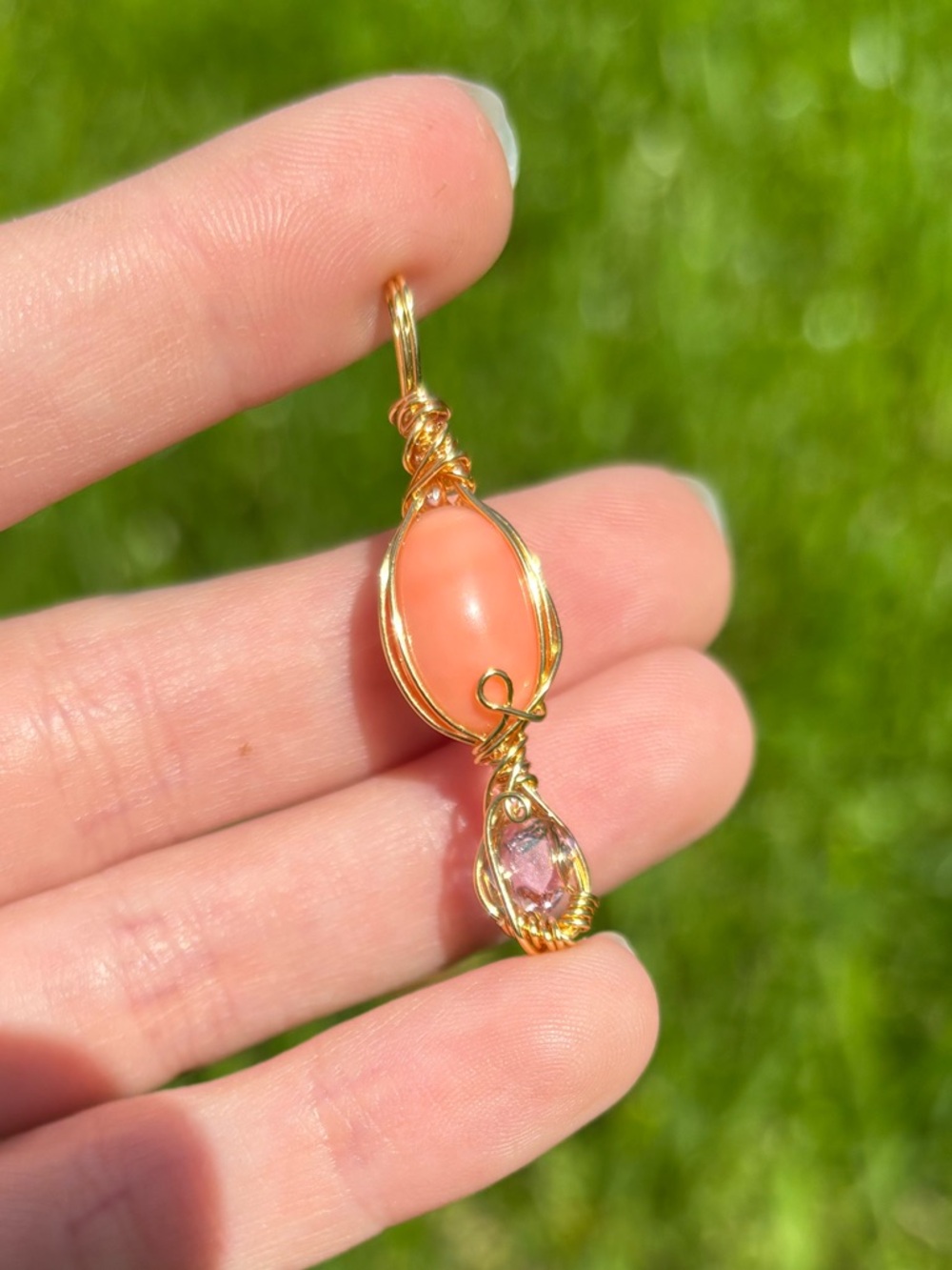 Coral and amethyst fancy stack pendant